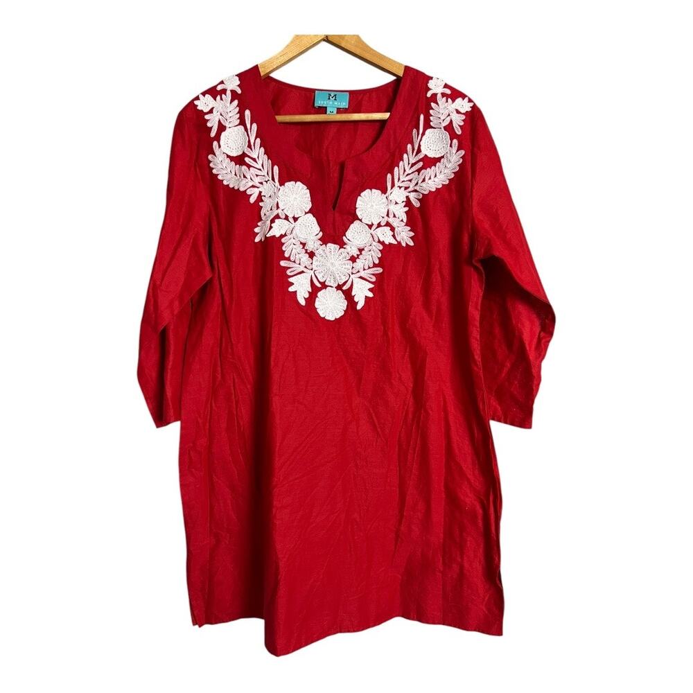 South Main Embroidered Tunic Mini Dress Boho Floral Cottage Cruise Red White M